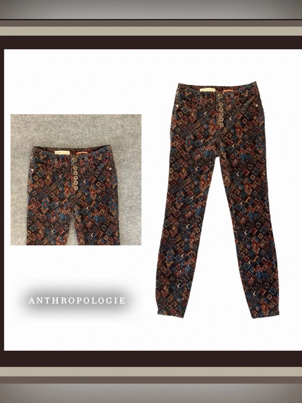 Anthropologie Pilcro Rust Tribal Corduroy Hi Rise Skinny Button Pants Sz 29